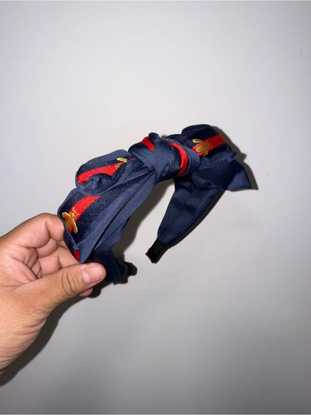Navy Knotted Silk-Style Headband with Red & Yellow Accents